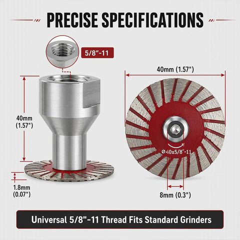 Slick Mini Diamond Saw Blades For Angle Grinder 1.57 Inch 5 Pack 5/8 11 Arbor detailed specifications diagram showing dimensions and design.