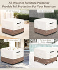 Heavy Duty Waterproof Patio Ottoman Cover Square 25 By 25 Inches Fits Most Outdoor Ottomans Up To 18 Inches High Durable Beige Furniture Protector Shields From Rain Snow Dust And Sun Easy On Tight Fit shown in various weather conditions.