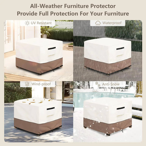 Heavy Duty Waterproof Patio Ottoman Cover Square 25 By 25 Inches Fits Most Outdoor Ottomans Up To 18 Inches High Durable Beige Furniture Protector Shields From Rain Snow Dust And Sun Easy On Tight Fit shown in various weather conditions.