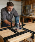 Pro Grade Saw Guide Rail With Adjustable Support Bracket For Rock Solid Alignment And Killer Precision Cuts. User routing on wooden table.