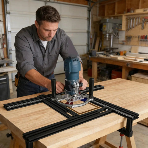 Pro Grade Saw Guide Rail With Adjustable Support Bracket For Rock Solid Alignment And Killer Precision Cuts. User routing on wooden table.