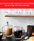Four Piece Double Wall Insulated Glass Coffee Mug Set Keeps Hot Brews Steaming And Icy Drinks Frosty With Zero Sweat Marks Premium Borosilicate Glass Is Dishwasher Safe For Your Daily Grind Routine. Two double wall glass mugs with coffee, sugar bowl, and coffee beans.