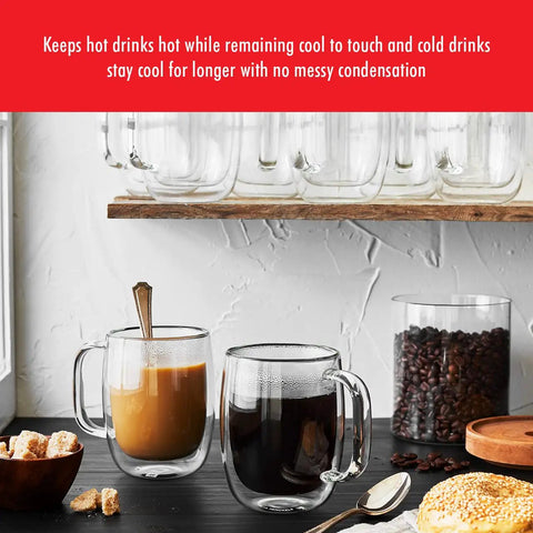 Four Piece Double Wall Insulated Glass Coffee Mug Set Keeps Hot Brews Steaming And Icy Drinks Frosty With Zero Sweat Marks Premium Borosilicate Glass Is Dishwasher Safe For Your Daily Grind Routine. Two double wall glass mugs with coffee, sugar bowl, and coffee beans.
