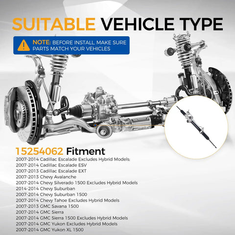 Rack And Pinion Assembly Replacement 15254062 for 2007-2014 GM SUVs and Trucks showing fitment diagram