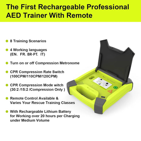 Front view of AED trainer device, lime-green with open lid and built-in screen.