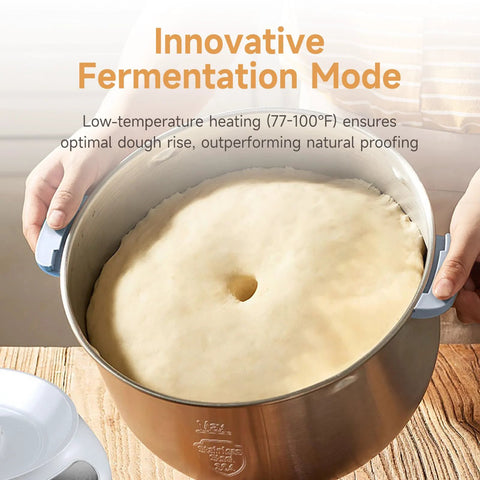 Joydeem electric dough maker with 7.4Qt stainless steel bowl and blue handles, dough rising