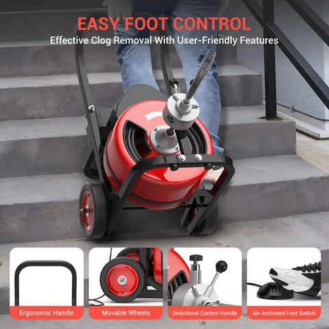 Heavy Hitting 100Ft 3/4 Inch Electric Drain Cleaner Machine with ergonomic handle and movable wheels for easy transport.