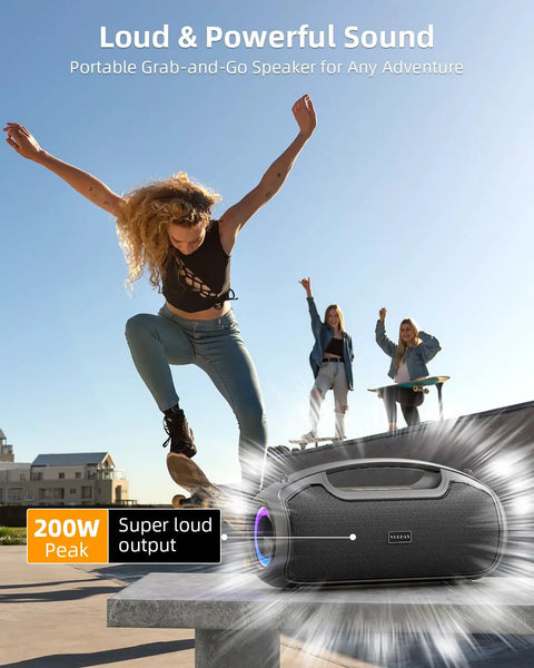 200W Peak Portable Bluetooth Speaker With Deep Bass That Hits Different shown with skateboarders outdoors