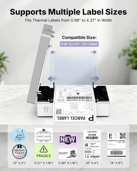 Wireless Bluetooth Thermal Shipping Label Printer Pulls Off Killer 4x6 Package Prints For Ecommerce Hustles With Zero Hassle mobile sync and label sizes shown