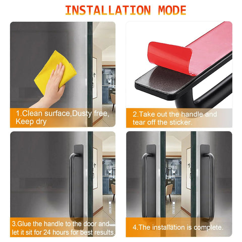 Installation instructions for Self Adhesive Cabinet Handles 2 Pack Aluminum Alloy Push Pull Handles For Kitchen Cabinets Drawers Windows Sliding Doors And Closets Easy No Drill Installation Black 5.83 Inch Durable Strong Easy Grip.