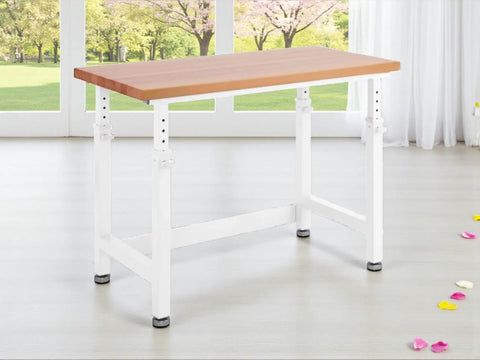 Rock Solid Height Adjustable Workbench With Premium Hardwood Surface And Hella Heavy Duty Steel Base Tough Garage Workstation For Daily Shop Jobs And Comfortable Ergonomic Workflow 48 X 24 Inch Table with white adjustable steel base.