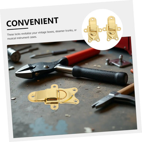 Cool Vintage Duckbill Hasp Latches For Secure Wooden Boxes And Storage Lockers shown with tools on a workbench.