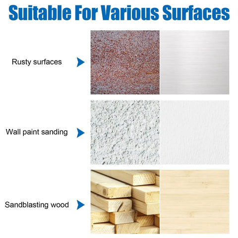 Image showing suitable surfaces for the 5 Piece Drill Wire Brush Set For Rust Removal And Surface Stripping With 0.012 Inch Carbon Steel Wire And 1/4 Inch Arbor Includes Wire Wheel Brushes And Cup Brushes For Fast Heavy Duty Cleaning On Metal And Wood, including rusty metal, wall paint, and wood.