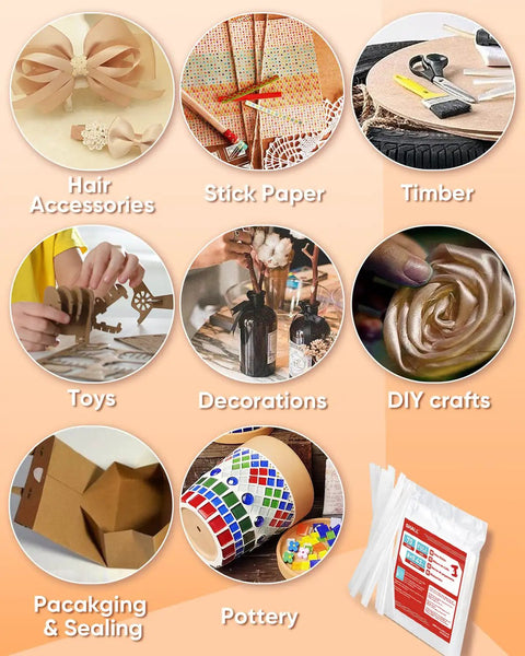 Collage showcasing uses of Full Size Clear Hot Glue Sticks 0.43 Inch Diameter 8 Inch Length 70 Pack for crafts and repairs.