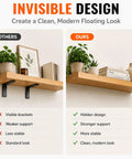Comparison of visible and hidden bracket shelves, showcasing Two Pack 22 Inch Heavy Duty Floating Shelf Brackets With Complete Installation Kit.