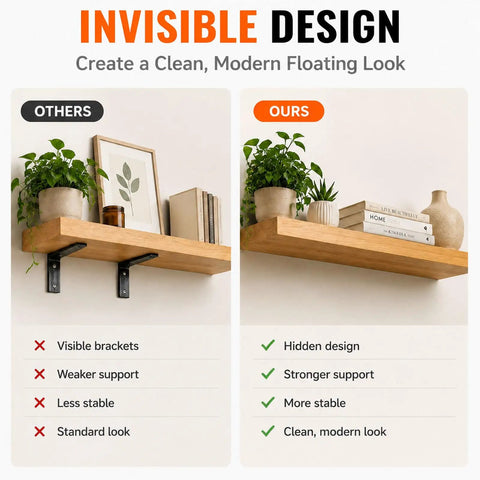 Comparison of visible and hidden bracket shelves, showcasing Two Pack 22 Inch Heavy Duty Floating Shelf Brackets With Complete Installation Kit.