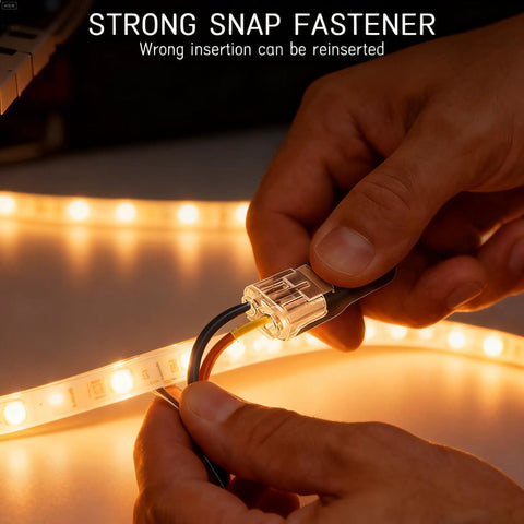 Hand using 150 Pcs Double Wire Plug In Connector With Locking Buckle And Quick Clip Fasteners for DIY strip lights