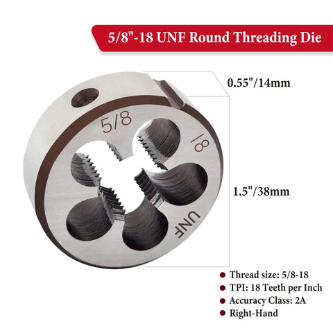 5/8x18 UNF Round Threading Die For Right Hand Threads, alloy tool steel, 1.5 inch OD, 0.55 inch thick, front view with dimensions