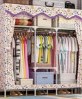 Roomy Portable Canvas Wardrobe Closet Storage Organizer Built Tough With Heavy Duty 25mm Steel Pipes And Door Hook To Max Out Your Gear, showcasing colorful clothing and storage boxes.