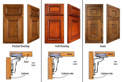 Partial, full overlay, and inset door diagrams showing 4 Pack Inset Frameless Soft Close Hinges With 3D Adjustable Clip On Concealed European Hinges
