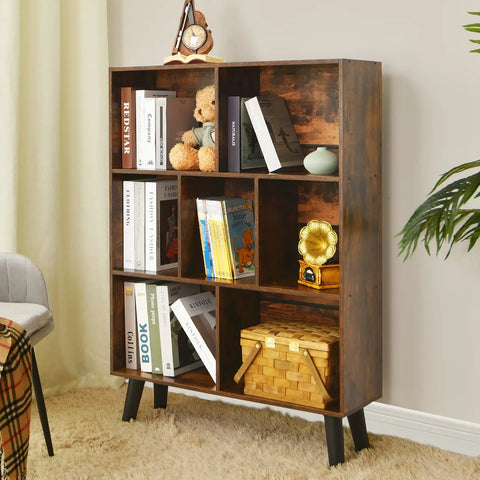 Three Tier Cube Bookshelf With Legs In Rustic Brown Mid Century Modern Style Dope Space Saving Open Bookcase With Retro Wood Look for Bedroom, Living Room and Office showcasing books and decor items.