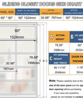 Double Sliding Closet Door Set 120 Inches Wide By 80 Inches High With 5 Lite Frosted Glass Panels, Includes Hardware Track Kit And Floor Guide, Pre Drilled Door Panels Ready To Assemble, White MDF Space Saving Modern Bedroom Closet System size chart showing dimensions and door specifications.