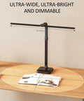 LED Desk Lamp For Home Office Ultra Wide Double Head 24W with base, adjustable gooseneck, black on wooden desk