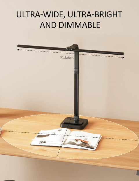 LED Desk Lamp For Home Office Ultra Wide Double Head 24W with base, adjustable gooseneck, black on wooden desk