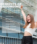 Woman celebrating benefits of grounding, including improved sleep and stress relief, with Grounding Continuity Tester Kit details.