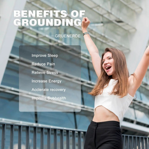 Woman celebrating benefits of grounding, including improved sleep and stress relief, with Grounding Continuity Tester Kit details.