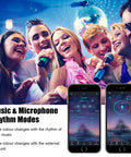 Group singing with microphones and 2 Pack 50W RGB Wall Washer Lights for Staging And Ambience, shown with app control.