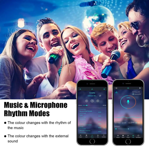 Group singing with microphones and 2 Pack 50W RGB Wall Washer Lights for Staging And Ambience, shown with app control.