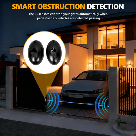 Smart obstruction detection feature of 4400lb WiFi Sliding Gate Opener with smart app control, showing sensors and car passing.