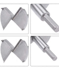 uxcell 75mm and 85mm Forstner drill bits set in gray tungsten carbide, front, side, and close-up shank views