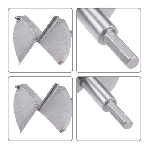 uxcell 75mm and 85mm Forstner drill bits set in gray tungsten carbide, front, side, and close-up shank views