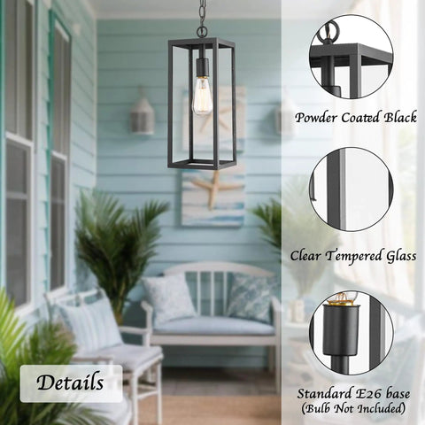 15 Inch Outdoor Pendant Lantern Light With Clear Glass For Patio Pathway And Hallway hanging on porch with powder coated black frame