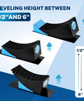 RV Leveling Blocks 6 Inch Two Pack For Travel Trailers Heavy Duty Curved Camper Levelers showing adjustable height range.