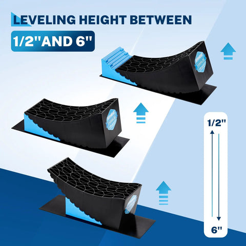 RV Leveling Blocks 6 Inch Two Pack For Travel Trailers Heavy Duty Curved Camper Levelers showing adjustable height range.