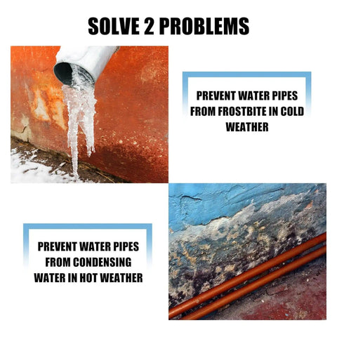 Pro Grade Foam Pipe Insulation Wrap Kit 1/4 To 2 Inch Diameter Waterproof Closed Cell Foam For Copper Pipes Antifreeze Insulation Easy Install Hot Cold Water Shield Durable shown preventing frozen and condensation issues in pipes.