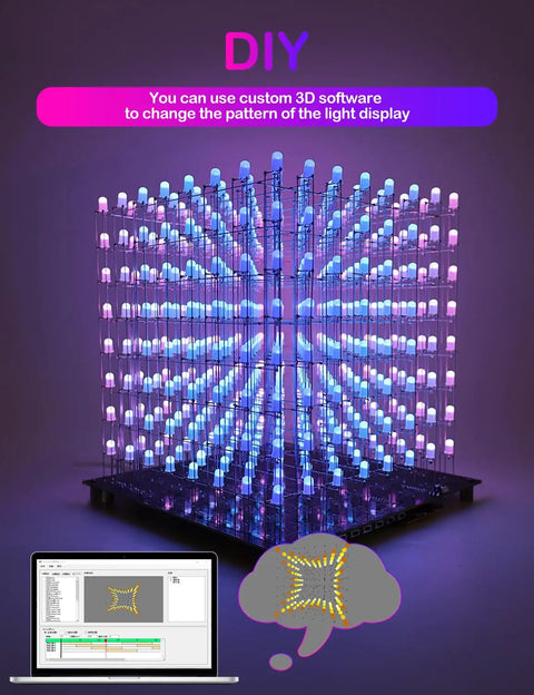 3D LED Cube Kit For DIY Electronics, Dope Lighting Effects, illustrating animation customization on a computer.