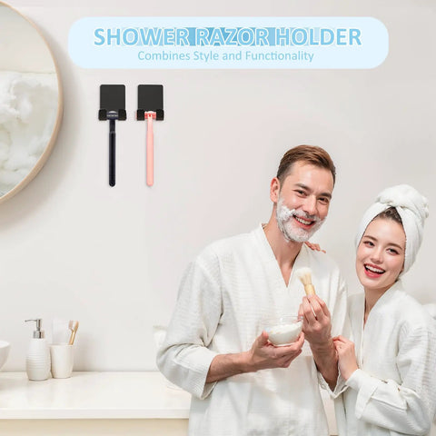 Shower Wall Razor Holder With Metal Adhesive Mounts 304 Stainless Steel Razor Hooks in matte black, mounted in a bathroom.