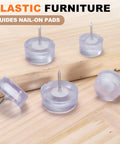 Transparent Blue Twelve Pack Furniture Sliders With Nail On Steel Pins on wood, designed for scratch-free hardwood floors.