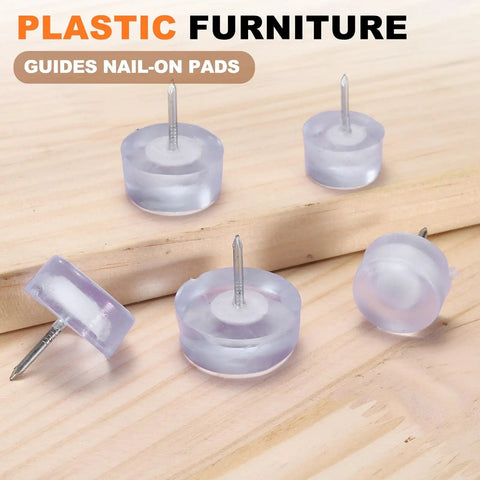 Transparent Blue Twelve Pack Furniture Sliders With Nail On Steel Pins on wood, designed for scratch-free hardwood floors.