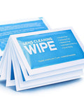Lens cleaning wipe packets in blue, pre-moistened towelettes; front view