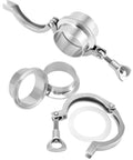 Front view of two sets of stainless steel sanitary clamp fittings with ferrule rings and gaskets for 2-inch pipe.