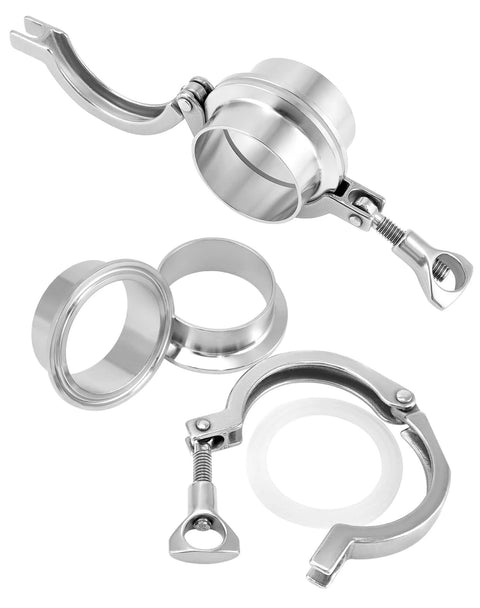 Front view of two sets of stainless steel sanitary clamp fittings with ferrule rings and gaskets for 2-inch pipe.