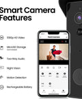 Wireless Video Doorbell With 1080p HD Camera Battery Or Hardwired Power 2.4 GHz WiFi No Hub Needed Two Way Talk Motion Detection Night Vision Micro SD Card Storage Local Video Capture displayed next to smartphone app interface