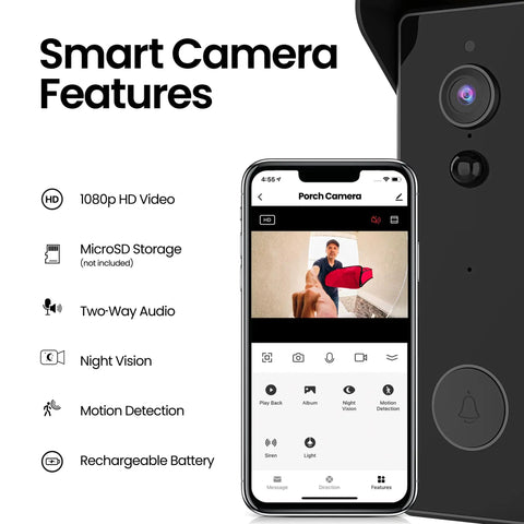 Wireless Video Doorbell With 1080p HD Camera Battery Or Hardwired Power 2.4 GHz WiFi No Hub Needed Two Way Talk Motion Detection Night Vision Micro SD Card Storage Local Video Capture displayed next to smartphone app interface