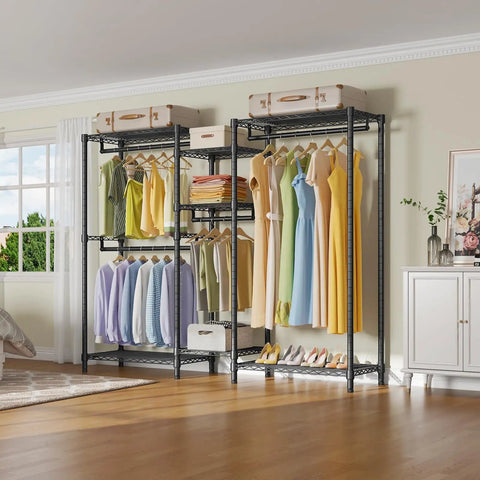 Heavy Duty Wire Clothes Rack Featuring Four Adjustable Hanging Rods And Seven Roomy Storage Shelves For An Absolute Boss Everyday Max Capacity Closet Storage Arrangement
