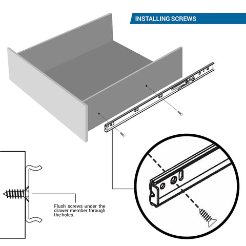 Diagram showing installation of 5 Pairs Of 28 Inch Full Extension Soft Close Ball Bearing Drawer Slides Beefy 100 LB Capacity.